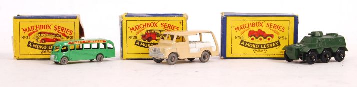THREE BOXED MATCHBOX MOKO LESNEY DIECAST MODELS