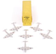1940'S DINKY TRADE BOX OF SIX METEOR TWIN JET FIGHTER PLANES.