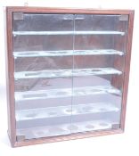 STAINED WOOD AND GLAZED TWIN DOOR DIECAST DISPLAY CABINET