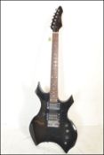 A heavy metal style six string electric guitar mad