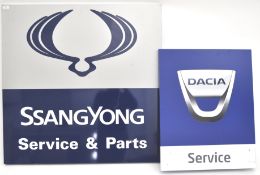 TWO CONTEMPORARY DACIA AND SSANGYONG CAR SHOWROOM PLASTIC SIGNS