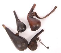 ANTIQUE NORTH AFRICAN TOOLED LEATHER POWDER FLASKS