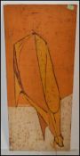A vintage 20th Century wax resistant screen print on linen featuring a stylised geometric form on