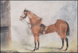 An 19th Century chalk drawing on paper depicting a racing horse in a stable, signed illegibly to the