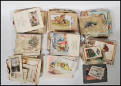 Greetings cards. A shoebox with Victorian and vintage, to c1950s Birthday and Christmas cards etc.