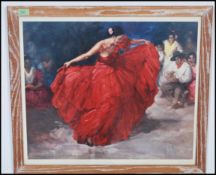 A retro 1970's print of ''The red dress'' depicting a Spanish Flamenco dancer and crowded. Framed