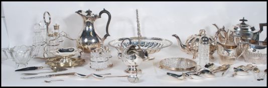 A large collection of assorted antique & vintage silver plate items to include; a part Walker & Hall