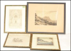 A collection of 19th Century pictures to include a pencil drawing of a couple in a garden with a
