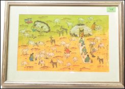 A 20th Century mongolian watercolour painting on paper depicting a yurt with a family tending to the