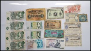 A collection of bank notes, most being 20th Century British to include a Five Shillings Note from