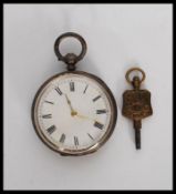 A 20th Century silver fob pocket watch having a white enamelled face with roman numeral chapter ring