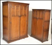 A believed Woods Bros mid century oak Jacobean revival  pair of ladies and gents wardrobes. Each