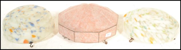 A group of the 1930's Art Deco marbled glass flycatcher ceiling light shades to include a pink shade