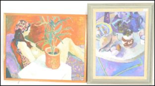 A retro 20th Century oil on board painting of a recumbent nude female in head scarf together with