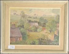 A 20th Century oil on board painting depicting country rural  scene of farm buildings believed to be