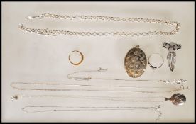 A selection of silver jewellery to include a belcher link fob watch chain having a swivel clasp