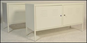A pair of contemporary metal locker style  sideboard credenzas, each finished in a white colourway