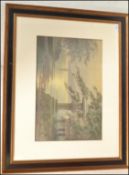 A 20th Century Japanese watercolour depicting stone lanterns beside a lake with a fishing boat in