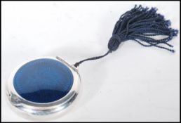 A vintage stamped 925 silver dressing table pot of round form having a blue guilloche enamelled