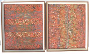 TEAK FRAMED MID 20TH CENTURY ACRYLIC ON BOARD SPLATTER PAINTINGS