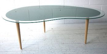 20TH CENTURY TWO TONE GLASS AND WOOD KIDNEY COFFEE TABLE