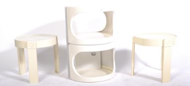 MID 20TH CENTURY SLIDING CYLINDRICAL STORAGE CONTAINER AND NEST OF TABLES