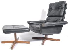 VINTAGE 1970'S SWEDISH BLACK SWIVEL CHAIR & FOOTSTOOL