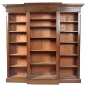 VICTORIAN 19TH CENTURY CARVED OAK TRIPLE BREAKFRONT BOOKCASE