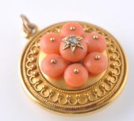 A VICTORIAN GOLD ETRUSCAN REVIVAL CORAL & DIAMOND PENDANT