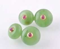 A PAIR OF 18CT GOLD NEPHRITE JADE & RUBY CUFFLINKS