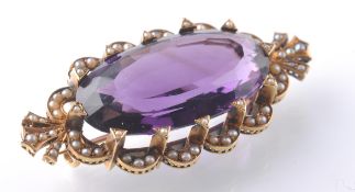 EDWARDIAN GOLD SEED PEARL AND AMETHYST LARGE BROOCH