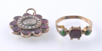 A 19TH CENTURY GARNET & PEARL RELIQUARY LOCKET PENDANT & GARNET & GREEN HARD STONE RING