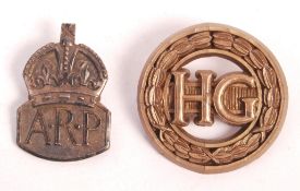 RARE WWII HOME GUARD ECONOMY PLASTIC BADGE & ARP BADGE