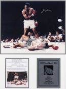 Muhammad Ali signed photographic framed display, comprising a large 16 by 20in.