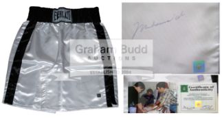 Muhammad Ali signed white Everlast Boxing trunks,