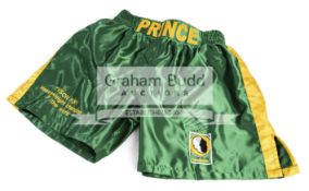 Tyson Fury signed boxing trunks, green & gold Headblade, inscribed TYSON FURY,