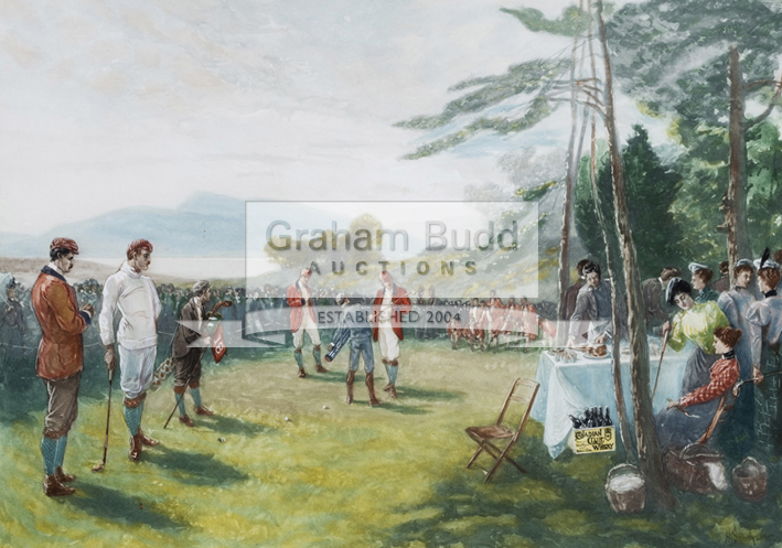 An advertisement colour lithograph for Canadian Club Whisky featuring a decorative golf artwork