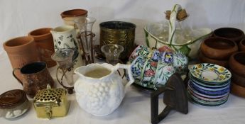 Miscellaneous ceramics, teak bowls, brass jardiniere etc.