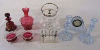 Selection of glass ware inc silver plated biscuit barrel, clock and candlesticks, cranberry glass