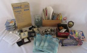Assorted items inc glass jar of marbles, quantity of whistles, printer inks, Ronson lighter,