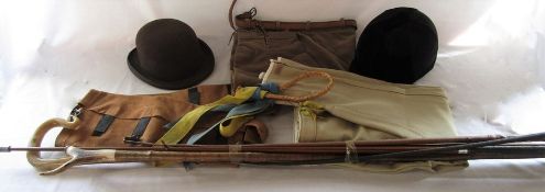 Various sticks and riding crop, champion professional jockey skull cap size 5 (62-63 cm), bowler hat