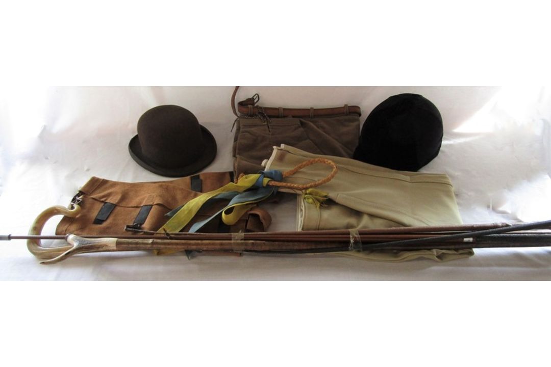 Various sticks and riding crop, champion professional jockey skull cap size 5 (62-63 cm), bowler hat - Image 1 of 2