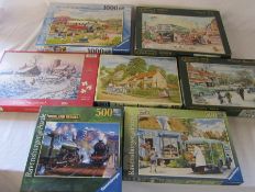 Selection of jigsaws by Ravensburger and Falcon etc inc Halcyon days, Old swing bridge and Coach