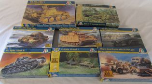 8 Italeri model kits inc 182 King Tiger, Panzer Kpfw IV and Morris quad tractor with 25 PDR gun