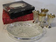 4 EPNS goblets, 2 galleried trays with liner & boxed set of silver plated placemats