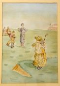 English School Watercolour period golfing scene with golfers and caddies - image 13.25