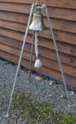 Naval Boxing Bell - presented on a tripod stand with roped cord, measures 130cm overall height the