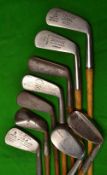 9x assorted golf clubs - John Letters Niblick; Thornton & Co Maxwell style flanged sole m/niblick;