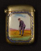 Enamel Golfing Vesta Case c.1920's - Sheffield Plate c/w hinged lid and one panel inlaid with enamel