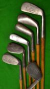 7x assorted irons - Archie Compston Sammy; D&W Auchterlonie St Andrews jigger; Gibson Niblick for